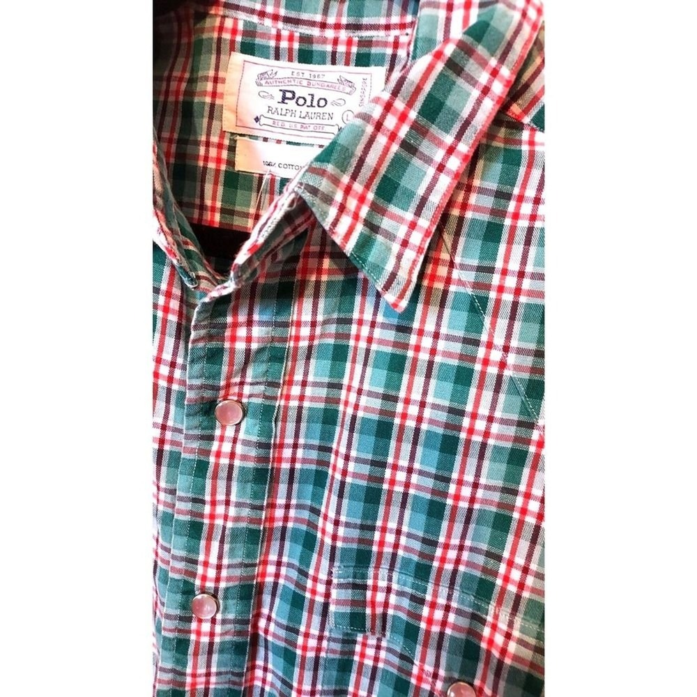Polo Ralph Lauren Dungarees Vintage Mens L Plaid Western Shirt Pearl snaps
